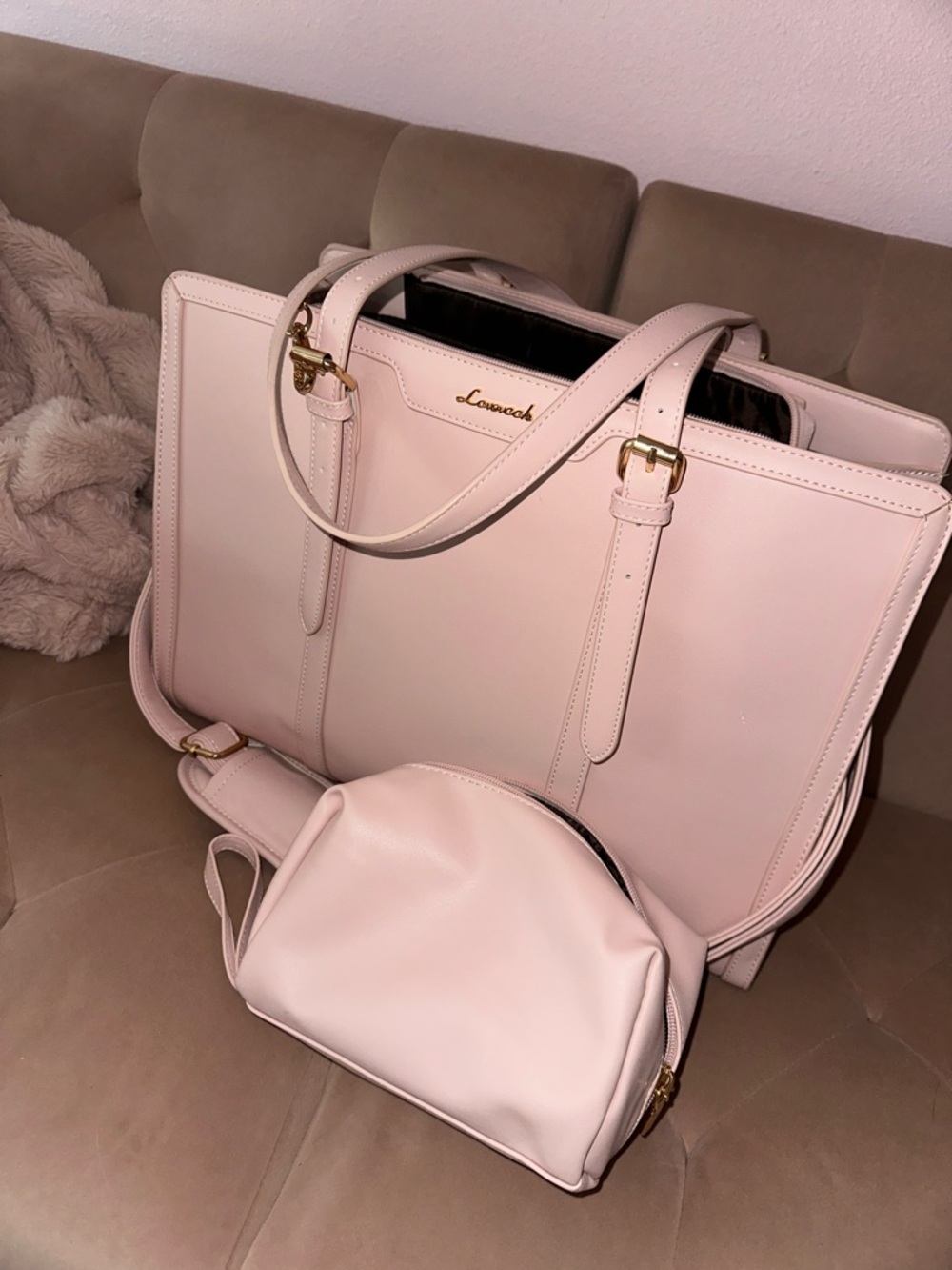Soft Pink Leather Tote with Pouch